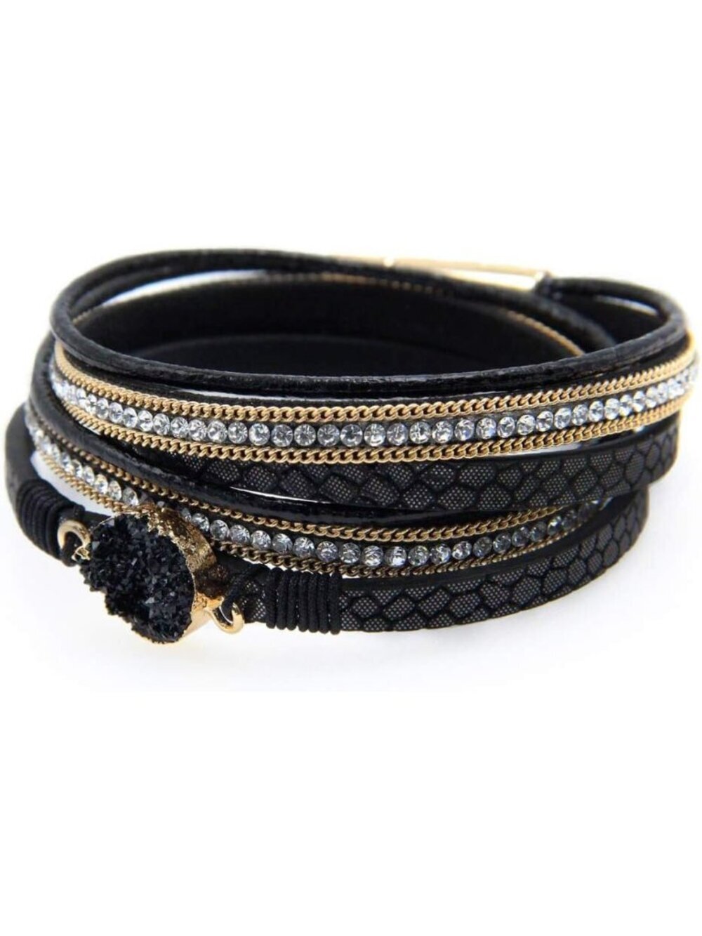 Women's Black Boho Leopard Multi-layer Crystal Beads Cuff Leather Wrap Bracelets